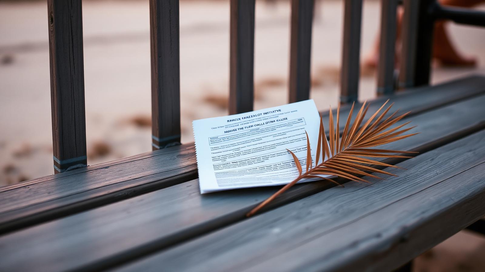 A folded mock paper ballot and dried palm frond on a wooden bench at Florida sunset, evoking the post-Amendment 3 political landscape.