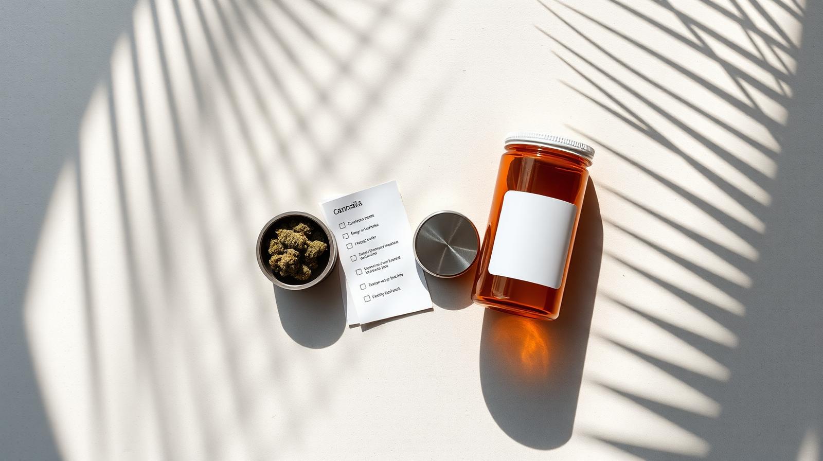 Top-down editorial still life: amber cannabis jar, paper checklist, and stainless grinder under soft palm-frond shadows.