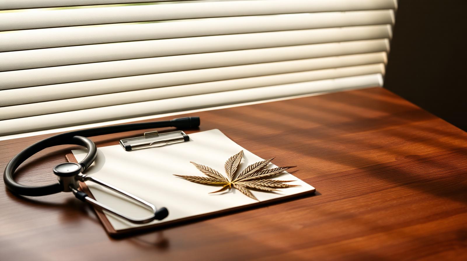 A doctor's wooden desk with stethoscope, blank clipboard, and a single dried cannabis leaf beneath afternoon louvered-blind light.