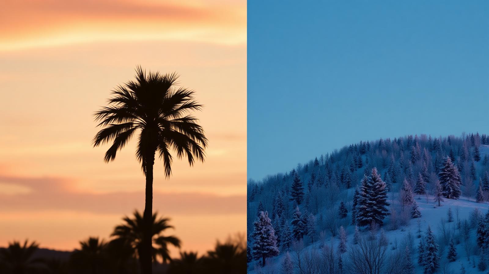 Split editorial composition contrasting a Florida palm at sunset with a snowy Colorado pine ridge at dusk.