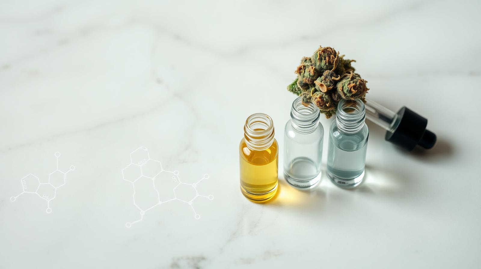 Macro of a resinous cannabis bud beside three glass essential-oil vials on white marble with faint terpene molecular line drawings.