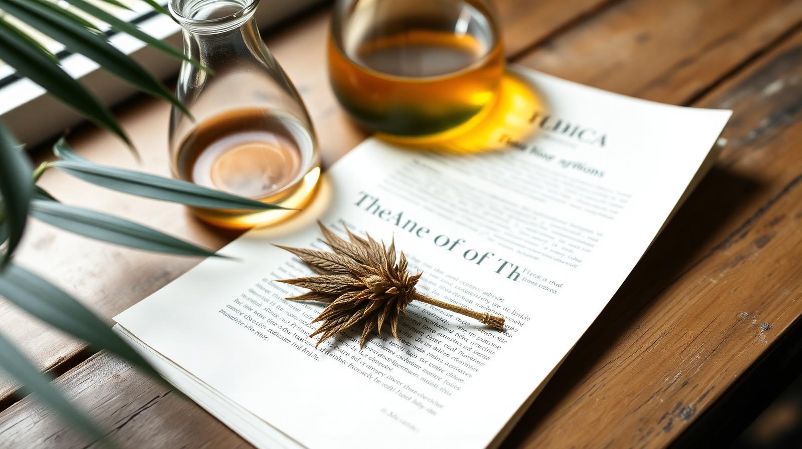A dried hemp flower resting on a folded legal document beside an amber lab beaker on a weathered wood desk.