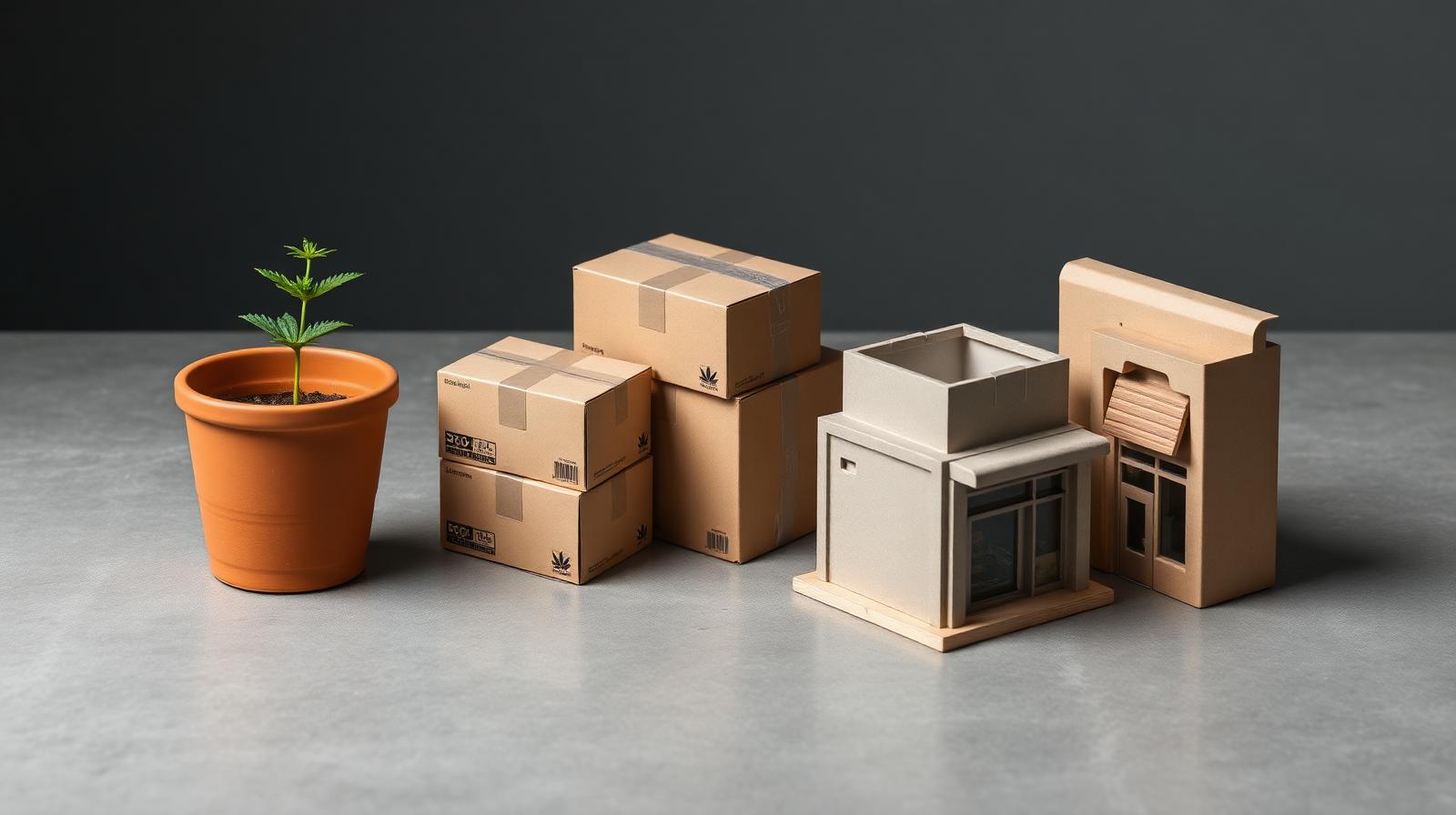 Editorial still life of a cannabis seedling, stacked shipping boxes, and a tiny storefront model representing seed-to-sale vertical integration.